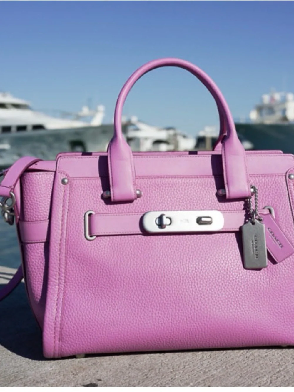 Coach Lilac Pebbled Leather Satchel with Silver Hardware